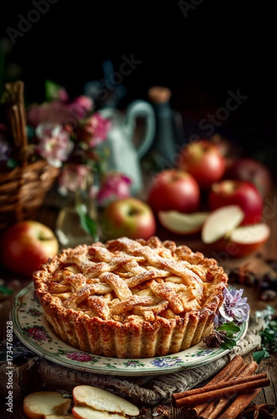 Fototapeta rustic apple pie: vintage plate surrounded by apples and cinnamon sticks, warm golden light, cozy and welcoming atmosphere