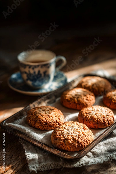 Fototapeta Homemade cookies on a baking sheet on the table, wooden table surface, welcoming kitchen atmosphere