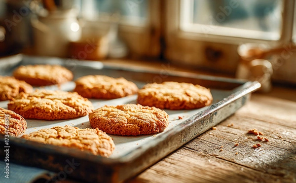 Fototapeta Homemade cookies on a baking sheet on the table, wooden table surface, welcoming kitchen atmosphere