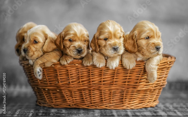 Fototapeta Five little Labrador puppies in a basket, cute, fluffy, playful, and heartwarming.
