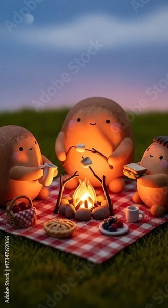 Obraz Cute Potato Characters Enjoying a Campfire Picnic.
