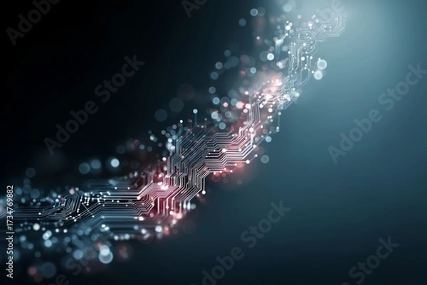 Fototapeta Futuristic neon glowing circuit design on dark blue gradient background symbolizing advanced digital technology and cyber innovation, Generative AI