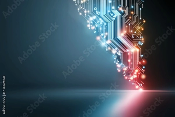 Fototapeta Futuristic neon glowing circuit design on dark blue gradient background symbolizing advanced digital technology and cyber innovation, Generative AI