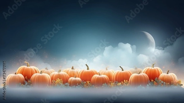 Fototapeta Row of pumpkins under cloudy moonlit night sky with mystical atmosphere representing Halloween seasonal harvest and spooky celebration, Generative AI