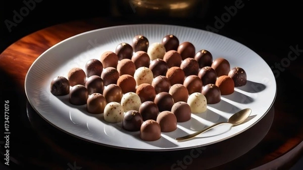 Fototapeta Chocolate truffles in geometric pattern on white plate – Ideal for indulgence campaigns, artisanal desserts, or luxury lifestyle content