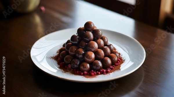 Fototapeta Dark chocolate truffles in triangular formation with raspberries – Great for gourmet food blogs, elegant dessert branding, or Valentine’s Day promotions