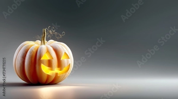 Fototapeta Glowing jack o lantern pumpkin with carved smiling face symbolizing Halloween night traditions and seasonal spooky decoration, Generative AI