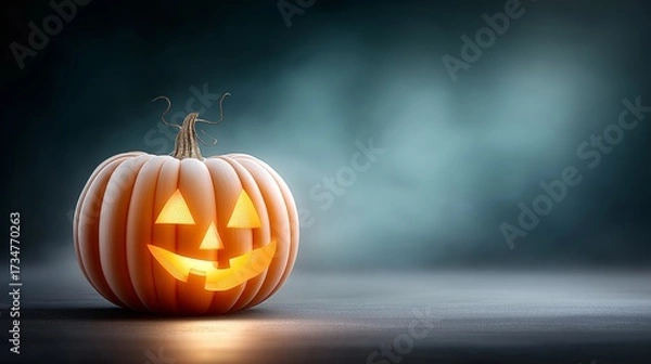 Fototapeta Glowing jack o lantern pumpkin with carved smiling face symbolizing Halloween night traditions and seasonal spooky decoration, Generative AI