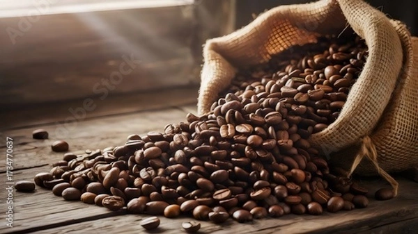 Fototapeta Burlap sack overflowing with roasted coffee beans on wooden table – Perfect for coffee shop branding, rustic décor, or artisanal product marketing