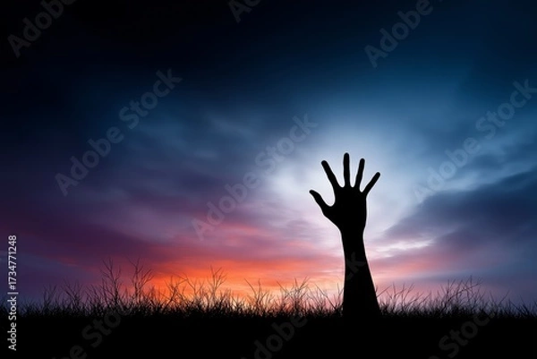Fototapeta Zombie hand rising from grave reaching toward full moon in spooky halloween horror atmosphere with eerie supernatural gothic design, Generative AI