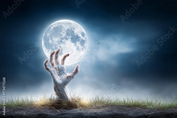 Fototapeta Zombie hand rising from grave reaching toward full moon in spooky halloween horror atmosphere with eerie supernatural gothic design, Generative AI