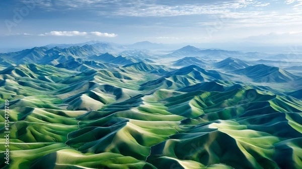 Fototapeta Surreal rolling green hills forming fantasy mountain landscape with unique terrain magical scenery and breathtaking environment exploration attraction, Generative AI