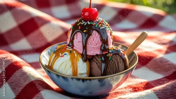 Fototapeta Ice cream sundae with rainbow sprinkles cherry and caramel on picnic blanket