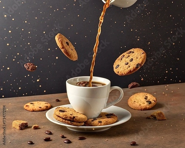 Fototapeta A surreal shot of a coffee cup pouring liquid upwards into a floating cookies