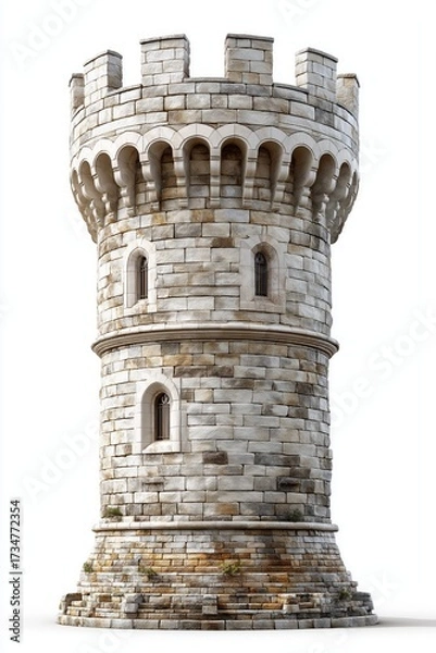 Fototapeta Medieval fantasy stone castle tower with gothic windows and fortified design creating stronghold structure for mythical architectural illustration, Generative AI