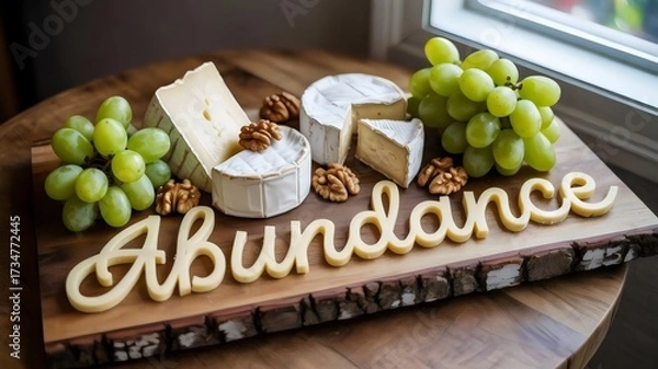 Fototapeta Cheese platter with brie cheddar goat cheese grapes and parmesan text