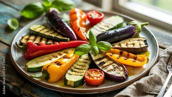 Fototapeta Grilled vegetables on rustic ceramic plate with basil garnish
