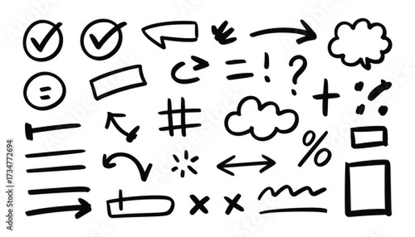 Fototapeta Hand drawn sketchy symbols arrows checkmarks clouds hashtag math signs and shapes collection