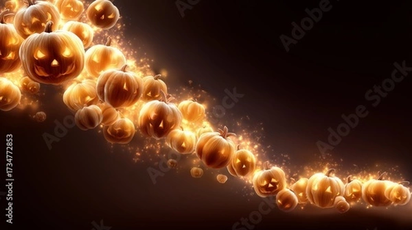 Fototapeta Flying glowing halloween pumpkins creating magical stream of eerie light in night sky spooky seasonal decoration fantasy atmosphere, Generative AI