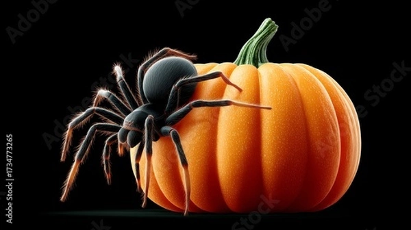 Fototapeta Pumpkin with black spider on dark background symbolizing spooky Halloween decoration, seasonal creepy tradition and haunted folklore holiday, Generative AI
