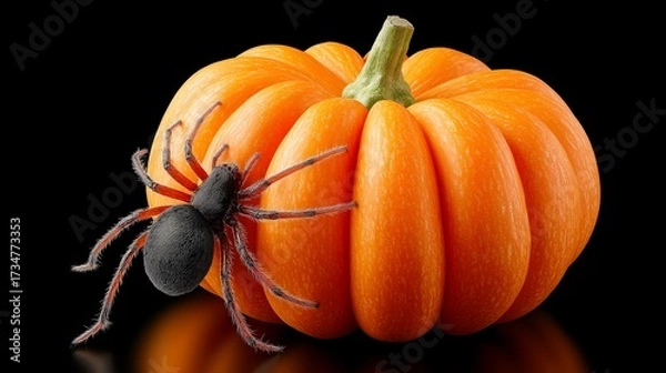 Fototapeta Pumpkin with black spider on dark background symbolizing spooky Halloween decoration, seasonal creepy tradition and haunted folklore holiday, Generative AI