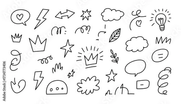 Fototapeta Hand drawn doodle elements collection symbols icons speech bubbles stars lightbulb crowns lightning bolts