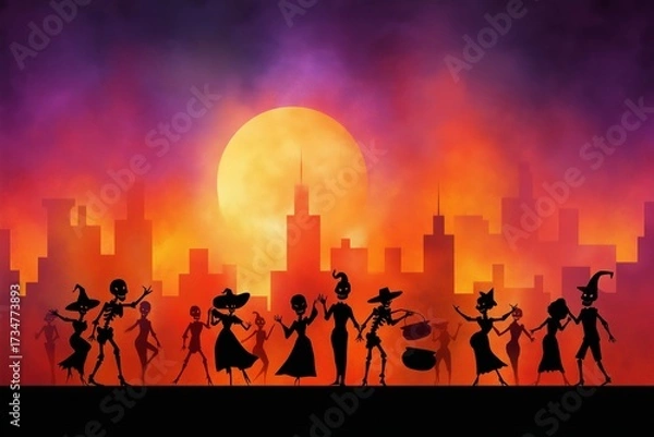 Fototapeta Silhouettes of skeletons celebrating Halloween in city skyline under full moon and orange sky symbolizing spooky holiday and haunted folklore, Generative AI