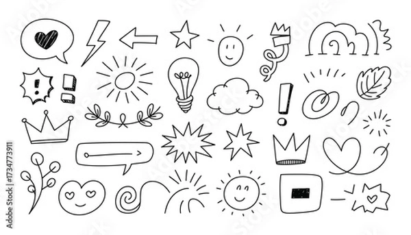 Fototapeta Hand drawn doodle elements collection of symbols icons stars hearts lightbulbs crowns and arrows