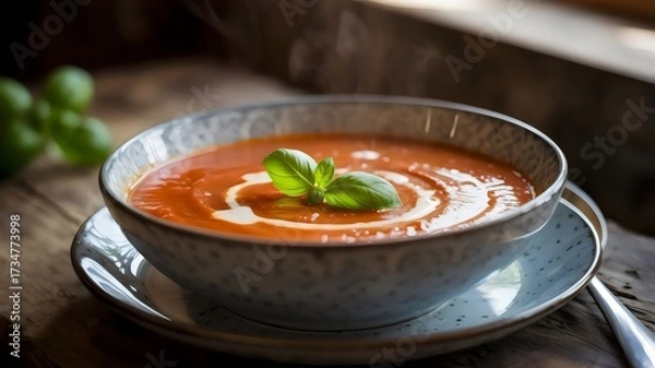 Fototapeta Creamy tomato soup with cream swirl and basil leaves