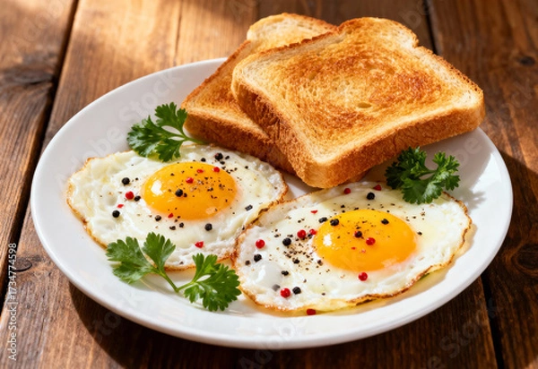 Fototapeta Fried eggs and toast served on a white breakfast plate