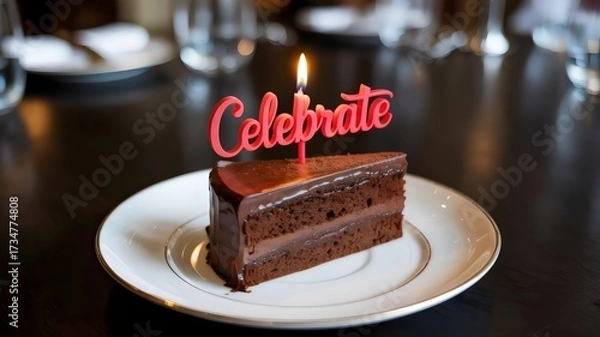 Fototapeta Chocolate cake slice with candle and frosting on white plate