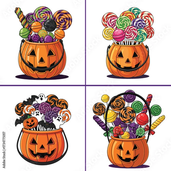 Fototapeta Halloween Pumpkin Candy Bucket Vector Set with Lollipops, Ghosts, and Bats