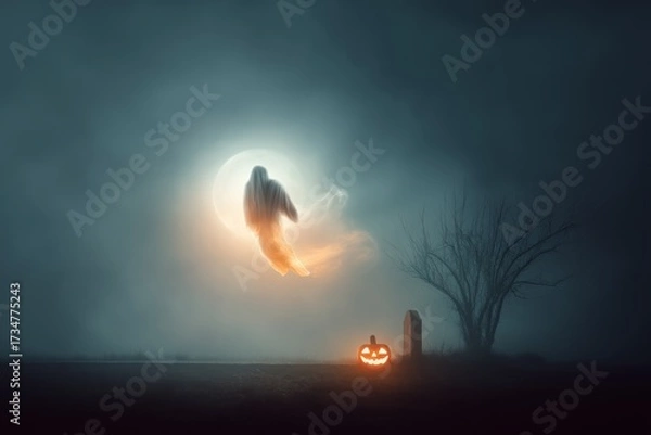 Fototapeta Spooky ghost rising in moonlit foggy graveyard with glowing pumpkin symbolizing haunted Halloween night, seasonal folklore and eerie holiday tradition, Generative AI