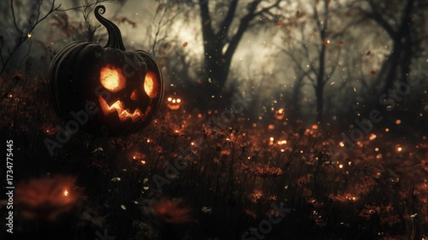 Fototapeta Glowing Jack o Lantern in a Haunted Forest at Night