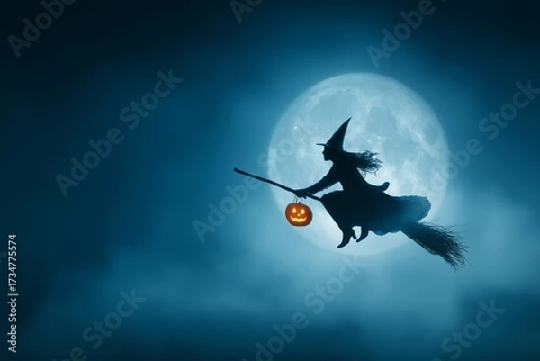 Fototapeta Halloween witch flying on broomstick in spooky night sky with glowing pumpkin lantern and full moon silhouette background, Generative AI