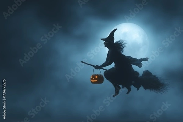 Fototapeta Silhouette of witch flying on broomstick across full moon with eerie night sky representing spooky Halloween folklore and magical tradition, Generative AI