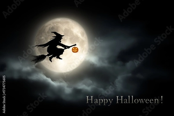 Fototapeta Silhouette of witch flying on broomstick across full moon with eerie night sky representing spooky Halloween folklore and magical tradition, Generative AI