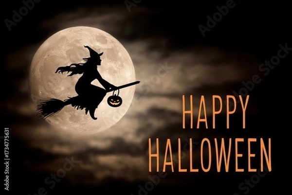 Fototapeta Witch silhouette flying with pumpkin across moon with Happy Halloween text symbolizing seasonal holiday celebration and spooky folklore imagery, Generative AI