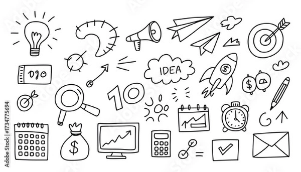 Fototapeta Doodle icons representing business growth ideas innovation success startup strategy development