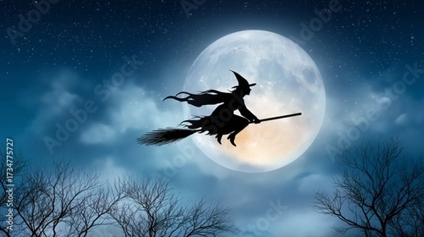 Fototapeta Silhouette of witch flying on broomstick across full moon with eerie night sky representing spooky Halloween folklore and magical tradition, Generative AI