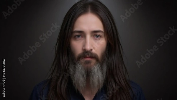 Fototapeta Portrait of a long-haired man with a beard against a dark background.