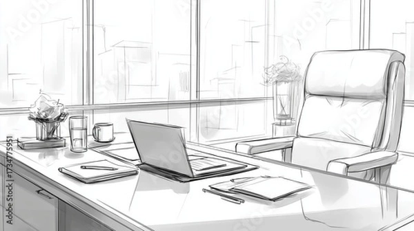 Fototapeta Modern executive office with laptop, desk, comfortable chair and large windows symbolizing professional workspace, corporate leadership and business planning, Generative AI
