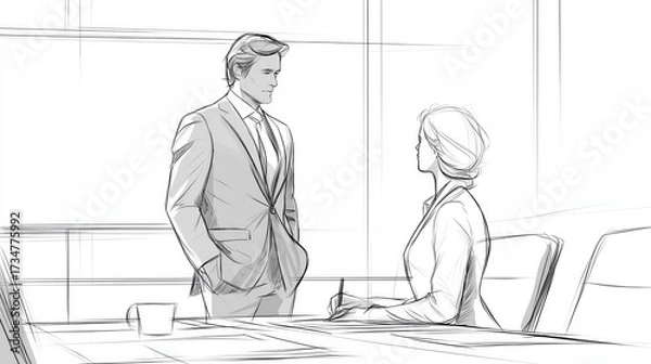 Fototapeta Sketch illustration of man and woman in office attire discussing business strategy symbolizing corporate teamwork and workplace collaboration, Generative AI