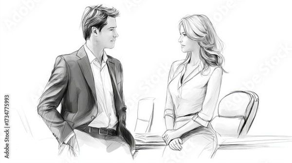 Fototapeta Sketch illustration of man and woman in office attire discussing business strategy symbolizing corporate teamwork and workplace collaboration, Generative AI