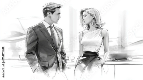 Fototapeta Sketch illustration of man and woman in office attire discussing business strategy symbolizing corporate teamwork and workplace collaboration, Generative AI