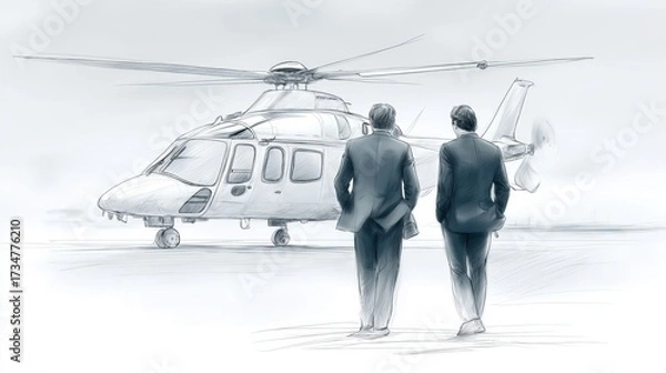 Fototapeta Two businessmen inspecting modern helicopter in hangar symbolizing aviation industry cooperation, corporate innovation and high technology engineering partnership, Generative AI