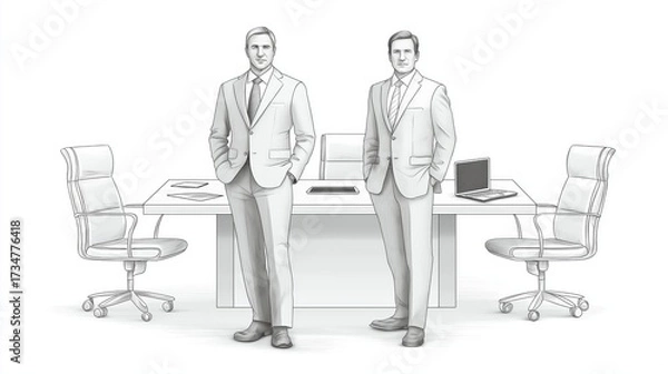 Fototapeta Two businessmen standing confidently in a modern office with desk, laptops and chairs symbolizing professional leadership and corporate teamwork, Generative AI