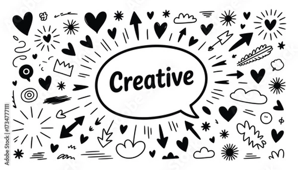 Fototapeta Creative idea bursting forth with hand drawn doodle elements heart arrows stars clouds