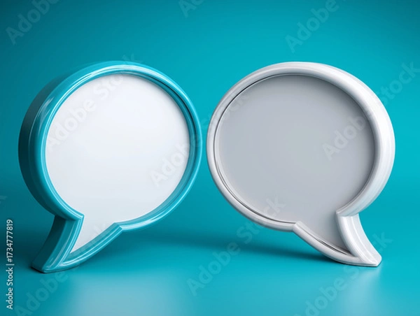Fototapeta Stylized speech bubble icons in vibrant colors meet at the center, creating a dynamic visual representation of communication and dialogue in a modern design aesthetic