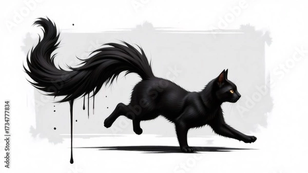 Fototapeta Elegant black cat with a fluffy tail gracefully walks and drips ink